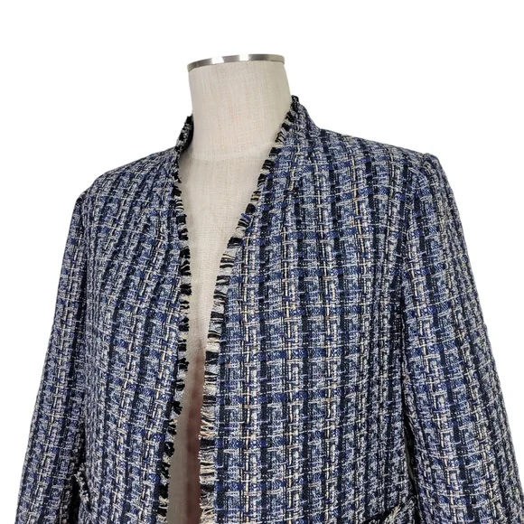 Ann Taylor Factory Tweed Skirt Suit 12 Black Tan Fringe Trim Pockets Open Front - Picture 3 of 11